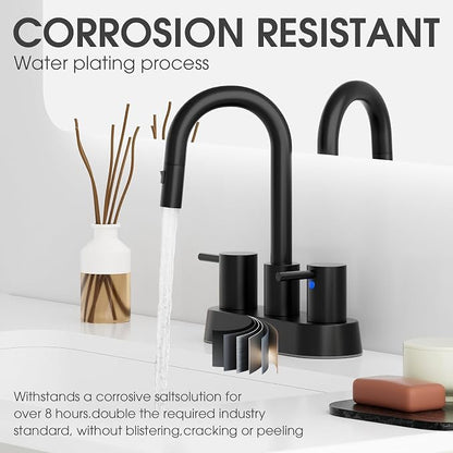 Stainless Steel Matte Black Bathroom Faucet with Pull Out Sprayer, Black Dual-Function Spout Bathroom Sink Faucet, 4 Inch Two Handle Utility Sink Faucet with Sprayer 3 Hole, Pet Shower, RVs