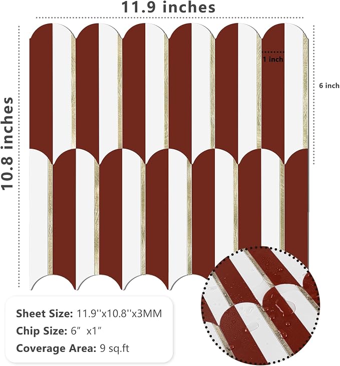 Vamos Tile Peel and Stick Backsplash Seamless Tile,Fish Scale,Matt,10-Sheet | 11.9''x10.8'',White & Red PVC+Light Gold Stick on Backsplash Tile for Kitchen & Bathroom & Laundry & Camper