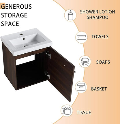 18" Bathroom Vanity with Sink, 18 Inch Floating Bathroom Vanity for Small Space, Modern Bathroom Vanity, Brown Wall Mounted Cabinet Set