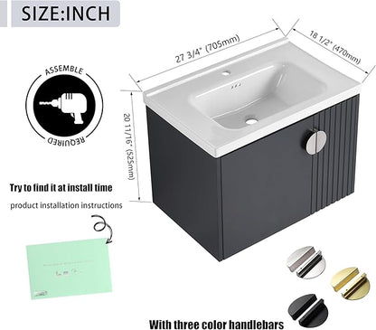 28 Inch Bathroom Vanity with Sink, 28" Floating Vanity with White Glossy Ceramic Sink, Plywood Wooden Bathroom Cabinet with Soft-Close Doors, Modern Wall Mounted Cabinet Set (Blue Black)