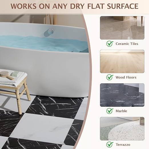 Peel and Stick Floor Tile, 30 PCS 12" x 12" Checkered Waterproof Marble Texture Luxury Vinyl Tiles, Easy DIY Self Adhesive Vinyl Flooring for Bathroom, Kitchen, Living Room, Black/White