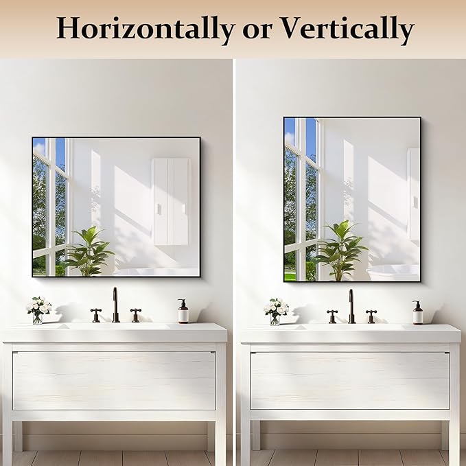 Black Bathroom Mirror for Wall, 30x36 Inch Rectangle With Metal Frame, Modern Vanity for Bathroom Living Room, Entryway Hangs Horizontal or Vertical
