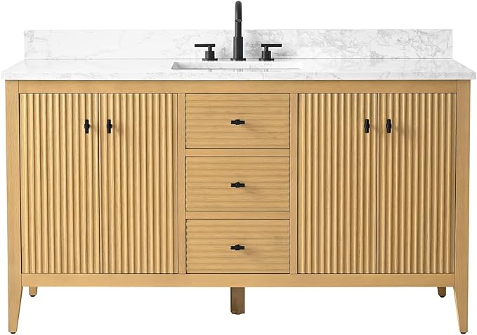 Vanity Art 60 inch Oak Bathroom Vanity with Single Sink & Ceramic Top, Vanity Cabinet with Soft-Closing Door, Solid Wood Frame, Linear Pattern, Natural Oak, VA9160-SNO-MB,Matte Black Handles