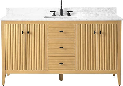 Vanity Art 60 inch Oak Bathroom Vanity with Single Sink & Ceramic Top, Vanity Cabinet with Soft-Closing Door, Solid Wood Frame, Linear Pattern, Natural Oak, VA9160-SNO-MB,Matte Black Handles