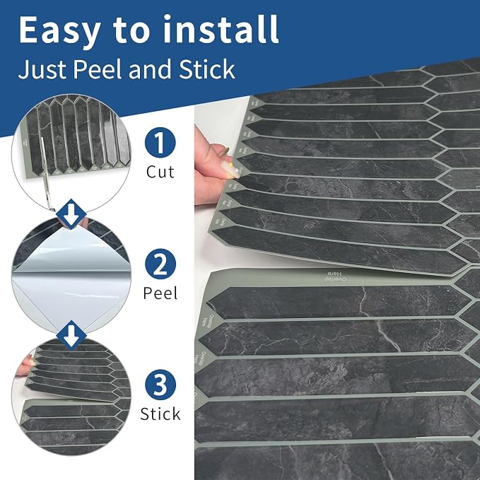 10 Sheets Long Hexagon Tile Peel and Stick Backsplash | Self-Adhesive Wall Tiles Stick on Back Splash for Kitchen, Bathroom, Fireplace,RV(Gray,12"×12")