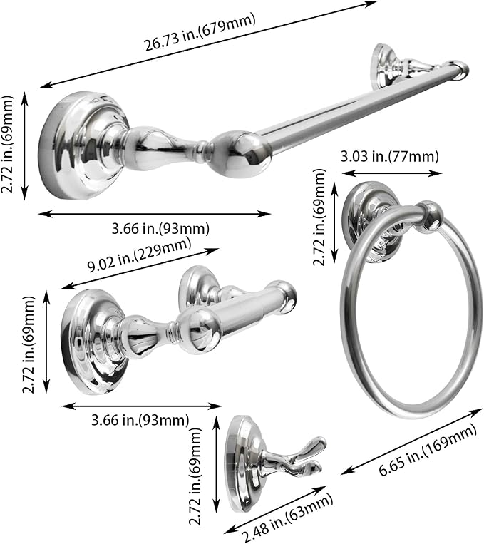 SENTO ROBIKI Modern Silver Bathroom Hardware Accessories Set, Includes Robe Hook, Toilet Paper Holder, Towel Ring, 24" Towel Bar, Duty Metal Bath Hardware Set Wall Mounted(4-Piece, Polished Chrome)