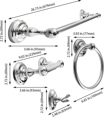 SENTO ROBIKI Modern Silver Bathroom Hardware Accessories Set, Includes Robe Hook, Toilet Paper Holder, Towel Ring, 24" Towel Bar, Duty Metal Bath Hardware Set Wall Mounted(4-Piece, Polished Chrome)