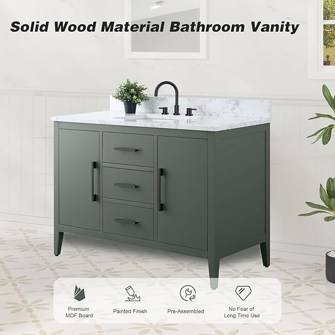HomeBeyond 48 Inch Bathroom Vanity with Sink & Ceramic Top, Single Vanity Cabinet with Basin, Soft-Closing Doors & Matte Black Hardware, Vintage Green