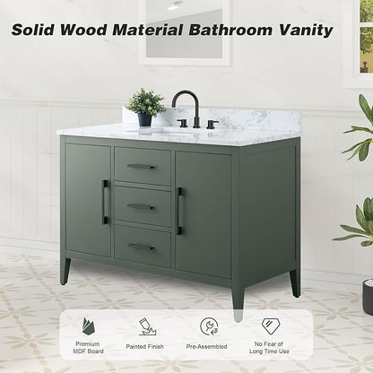 HomeBeyond 48 Inch Bathroom Vanity with Sink & Ceramic Top, Single Vanity Cabinet with Basin, Soft-Closing Doors & Matte Black Hardware, Vintage Green