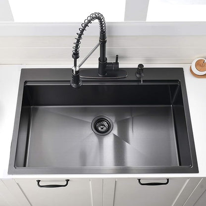30 Inch Black Drop in Kitchen Sink Workstation - VOKIM 30x18-Inch Drop in sink Stainless Steel 16 Gauge 10'' Deep Single Bowl Topmount Kitchen Sink with Cutting Board& Strainer