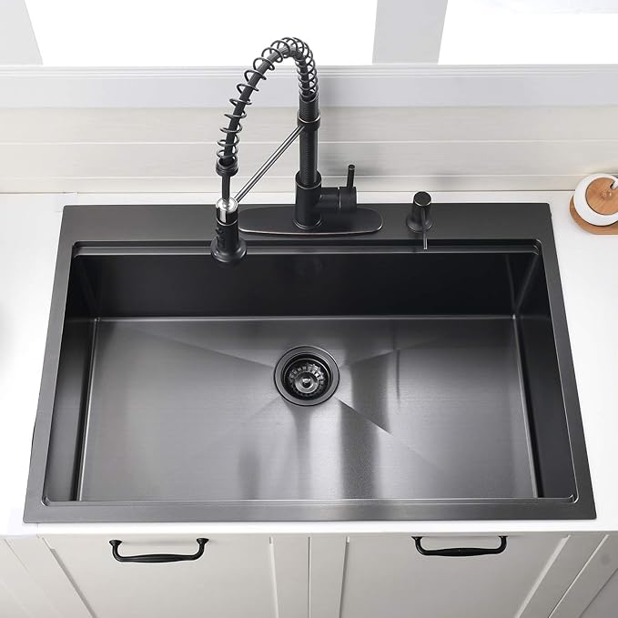 30 Inch Black Drop in Kitchen Sink Workstation -VOKIM 30 x 22 - Inch Drop in sink 16 Gage Stainless Steel TopMount sink Single Bowl 10'' Deep Kitchen Sink with Cutting Board