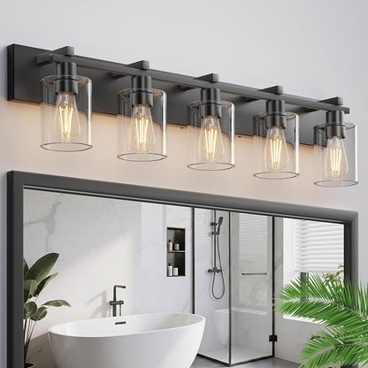 5-Light 37inch Matte Black Vanity Light, Thickened Clear Glass | Over Mirror for Bathroom, Rust Resistant, E26 Base, Easy Install, Removable Glass Shade Horizontal Mount, Dimmable