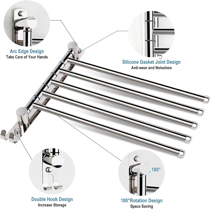 5 Arm Swivel Towel Bar - Heavy Duty SUS304 Stainless Steel Swing Towel Rack for Bathroom, 180° Rotation Wall Mount Towel Holder with Hook, Space-Saving Organizer for Kitchen, Laundry Room