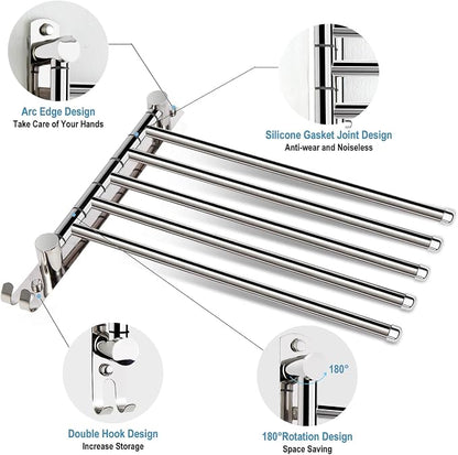 5 Arm Swivel Towel Bar - Heavy Duty SUS304 Stainless Steel Swing Towel Rack for Bathroom, 180° Rotation Wall Mount Towel Holder with Hook, Space-Saving Organizer for Kitchen, Laundry Room