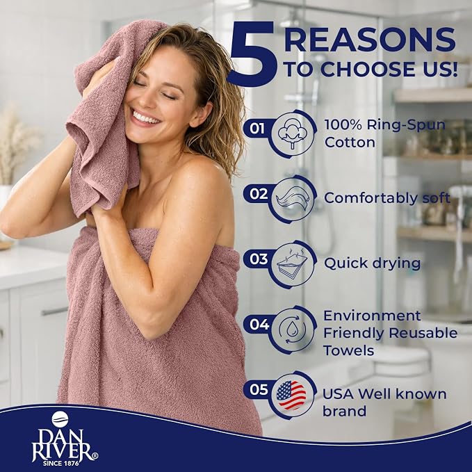 DAN RIVER 8 Piece Luxury Bath Towels for Bathroom, Towel Set, Dusty Rose | 2 Bath towels, 2 Hand towels, and 4 Wash Cloths, 600 GSM 100% Ring Spun Cotton, Highly Absorbent, Gym, Hotel, guest, and Spa