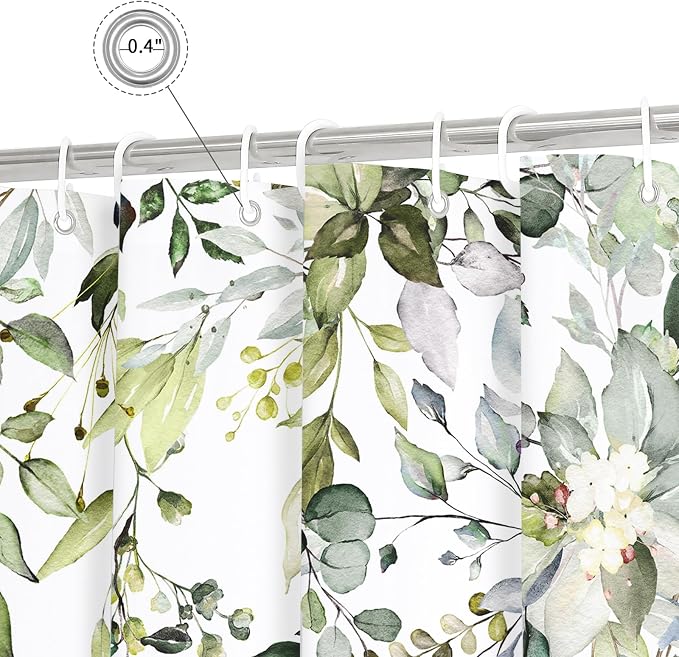 Sage Green Eucalyptus Shower Curtain, Floral Print, 48x72 | Watercolor Plant Leaves Floral Print, Stall Waterproof Fabric Bathroom Decor, Machine Washable, Rustproof Grommets