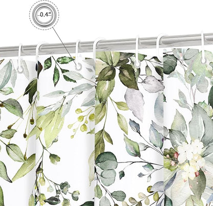 Sage Green Eucalyptus Shower Curtain, Floral Print, 48x72 | Watercolor Plant Leaves Floral Print, Stall Waterproof Fabric Bathroom Decor, Machine Washable, Rustproof Grommets