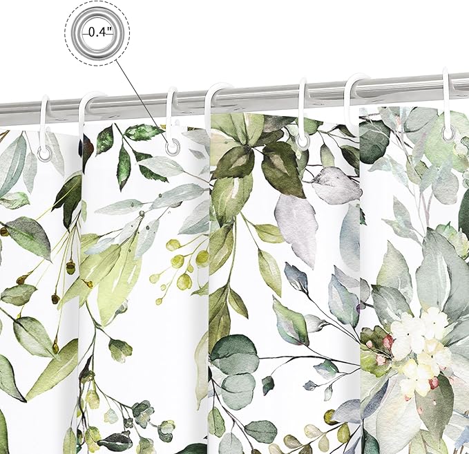 Sage Green Eucalyptus Shower Curtain, Floral Print, 54x78 | Watercolor Plant Leaves Floral Print, Stall Waterproof Fabric Bathroom Decor, Machine Washable, Rustproof Grommets