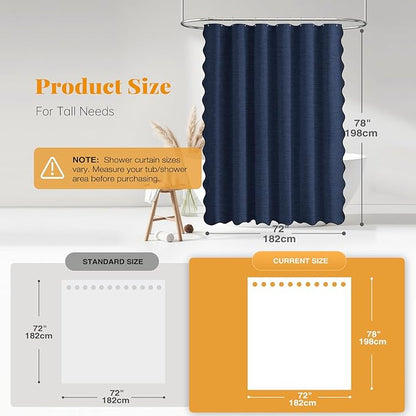 BTTN 78 Long Shower Curtain, Scalloped Linen Textured Cute Thick Cloth Shower Curtain Set with 12 Hooks, Elegant Decorative Waterproof Washable Fabric Shower Curtains for Bathroom - 72x78 - Navy Blue