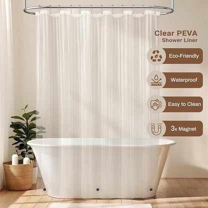 BTTN 72x78 Long 3 in 1 Linen Texture Shower Curtain with Liner, Grey/Gray | Tall Size, 230GSM Heavy Duty Polyester, Waterproof Clear Liner, Weighted Hem, 12 Plastic Hooks, Hotel Style, Machine Washable