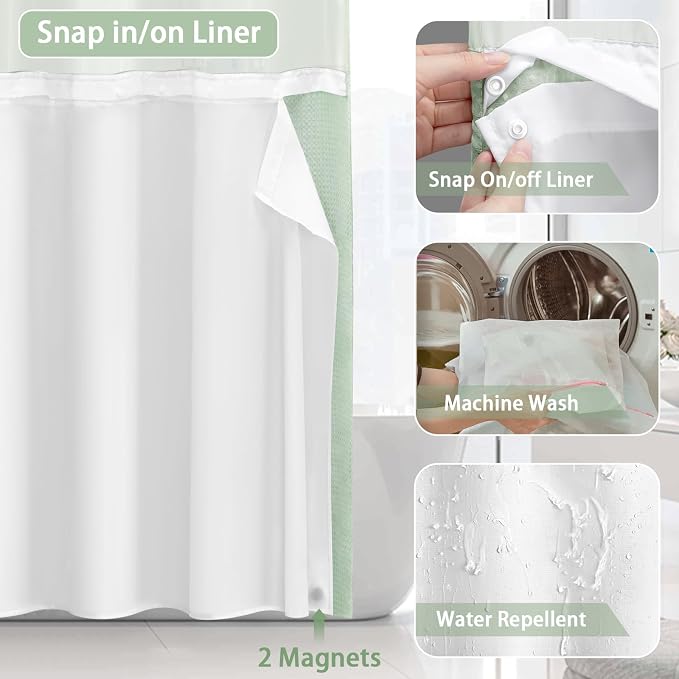 No Hook Shower Curtain with Liner Set Hotel Waffle Mint Green 72W X 75L | Washable Snap in Fabric Liner, Mesh Top Window, Waffle Hotel Style Shower Curtain Set