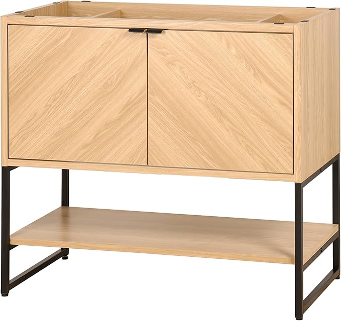 JONATHAN Y VAN1015A Juhl 35 in. W x 18 in. D x 33 in. H Chevron-Front Modern Minimalist 2-Shelf Bathroom Vanity Cabinet Only with Soft Closing Doors (Sink Basin Not Included), Oak