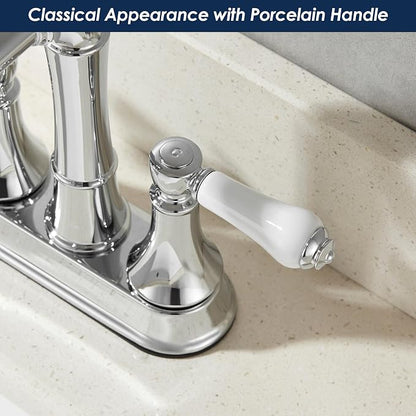 Porcelain 2-Handle Polished Chrome Bathroom Faucet 4" Centerset | with Plastic Pop-up Drain and Two 23.6" Supply Lines, Classical 4" Bath Vanity Sink Faucets for 2/3-Hole Sinks, Brass Spout