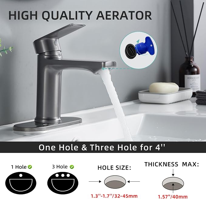BELZ Grey Bathroom Faucet, Lead-Free 1 or 3 Hole (4") Vanity Sink Faucet | NSF372 Certified, Rustproof & Splash-proof Aerator, Single Handle Modern Design with Pop-up drain & Hoses, Easy DIY Install