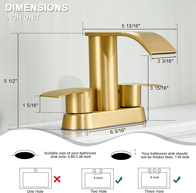 Ultimate Unicorn Bathroom Faucet for Sink Brushed Gold, 4 Inch Bathroom Sink Faucet for 3 or 2 Holes, 2 Handle Waterfall Faucets with Pop up Drain, Centerset Faucets for RV Counter