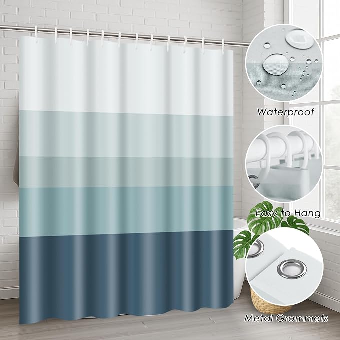 Bathroom Sets with Shower Curtain and Rugs, 4 Pcs, Striped Ombre | Minimalist Modern Neutral Bathroom Decor Set with Toilet Lid Cover, Non-Slip Bath Mats and Accessories 12 Hooks