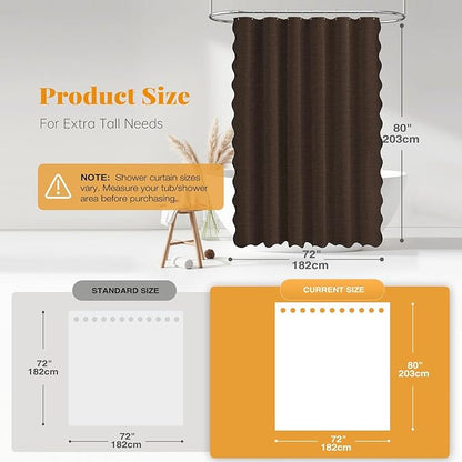 BTTN Long Shower Curtain, 80 Inch Boho Scalloped Linen Textured Thick Fabric Shower Curtain Set with 12 Plastic Hooks, Tall Vintage Farmhouse Waterproof Cloth Shower Curtain for Bathroom, 72x80, Brown