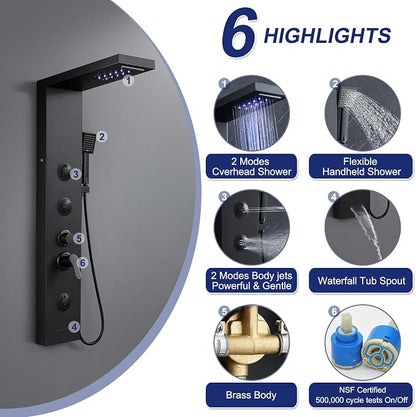 ROVATE 6 in 1 LED Rainfall Waterfall Shower Panel Tower System Matte Black | Stainless Steel Shower Column with Tub Spout, 2-Setting Massage Body Jets and Flexible Handheld, Water Flow Adjustable