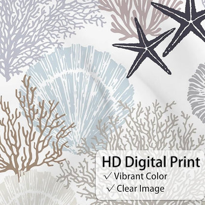 Nautical Coastal Shower Curtain, Brown Tan Blue Ocean Beach Seashell Starfish Themed Bathroom Curtain Waterproof Fabric Machine Washable with Hooks, 60" Wx72 L