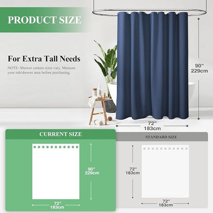 Extra Long Waffle Shower Curtain 256 GSM Fabric 72x90 Navy Blue | 90 Inch Tall, Thick Cloth, Weighted Hem, Water Repellent, Hotel Luxury Polyester Shower Curtain Set for Bathroom 12 Hooks