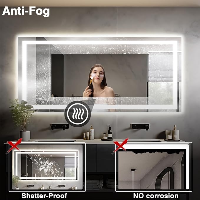 EchosLife Large 84"x40" Light up Bathroom Mirror | Backlit + Front Lit, Anti-Fog, Stepless Dimmable, 3 Colors, Memory, Tempered Glass, UL Listed, Horizontal/Vertical