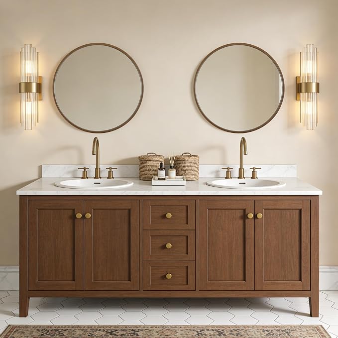 Wood Round Mirror with Wood Frame 24 inch Circle Wall Mirror for Bathroom Round Wall Mirror for Wall Decor, Vanity, Entryway Living Room (Walnut)