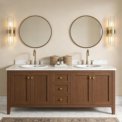 Wood Round Mirror with Wood Frame 24 inch Circle Wall Mirror for Bathroom Round Wall Mirror for Wall Decor, Vanity, Entryway Living Room (Walnut)
