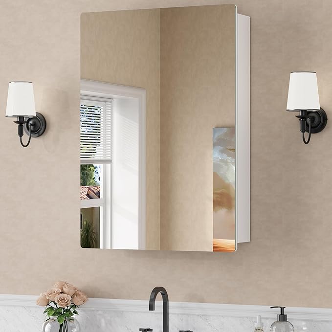 24x30 Inch Medicine Cabinet with Mirror, Recessed or Surface Mounted Bathroom Cabinets for Storage, 2 Fully Adjustable Tempered Glass Shelves, Soft-close DTC Hinges, HD Reflection Mirror Door, White