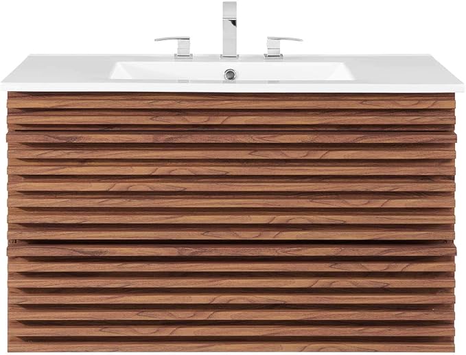 Modway Render 36" Wall-Mount Bathroom Vanity in Walnut White