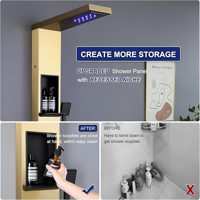 ROVATE LED Rainfall Waterfall Shower Panel Tower System with Shelf, Brushed Gold Shower Column Stainless Steel with Powerful Mist and Massage Body Jets, Handheld, Waterfall Tub Spout