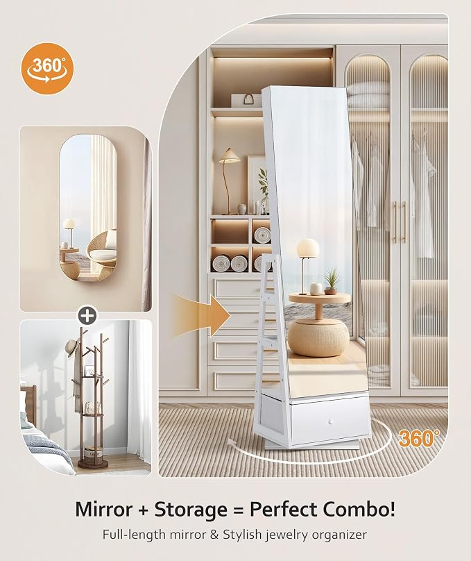 Nicetree 360° Swivel Jewelry Cabinet, Full Length Mirror, Lockable | Rotatable Jewelry Armoire Organizer, Standing Mirror with Storage, 3 Rear Shelves + Bottom Drawer, Gift Idea, Pure White