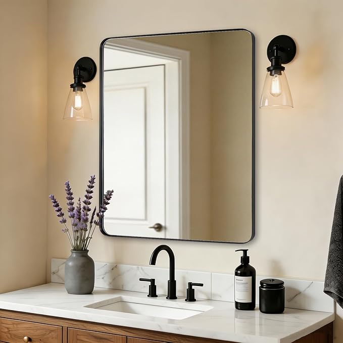 Black Bathroom Mirrors for Over Sink, 24x32 Inch Matte Black Mirror for Bathroom, Rectangle Metal Vanity Mirror for Wall-Modern Clean Design with Superior Stainless Steel Frame