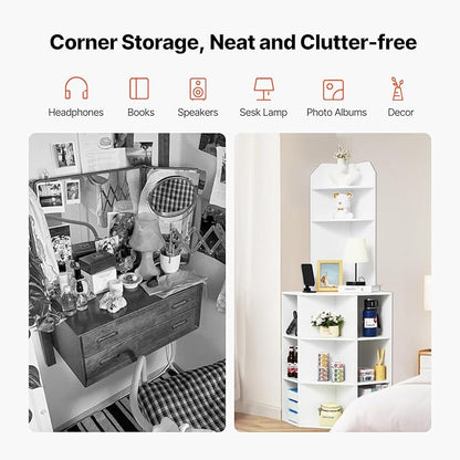 VEVOR 64" Tall Corner Storage Cabinet, 6 Tiers Wooden Storage Cabinet with USB Ports and Outlets & Adjustable Shelves, Freestanding Corner Cabinet for Living Room, Kitchen, Laundry Room, White
