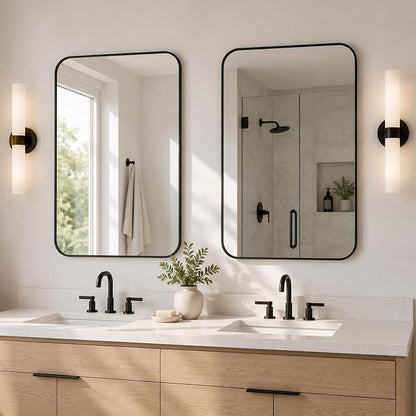 2-Pack 22x30 Inch Matte Black Rounded Rectangle Vanity Mirrors | Double Vanity or Two Bathrooms, Pair or Separate Use, Iron Frame, Layered Shadow Box Look, Two-Way Mount