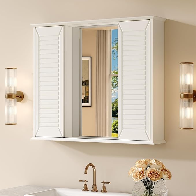 Bathroom Medicine Cabinet Mirror 28.3 x 23.8 inch Bathroom Mirror with Storage Wall Mounted Medicine Mirror Cabinet Wood Organizer with 2 Door Surface Mount Farmhouse Storage Cabinet