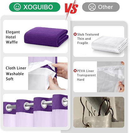 No Hook Shower Curtain and Liner Set,Deep Purple Hotel Waffle Shower Curtain with Liner 75" L x 72" W