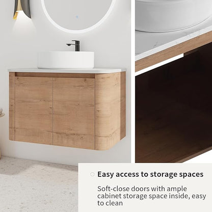 LKTART 30 Inch Floating Bathroom Vanity with Sink, Modern Wall Mounted Bathroom with Soft Close Door, White Round Ceramic Basin and Sintered Stone Top