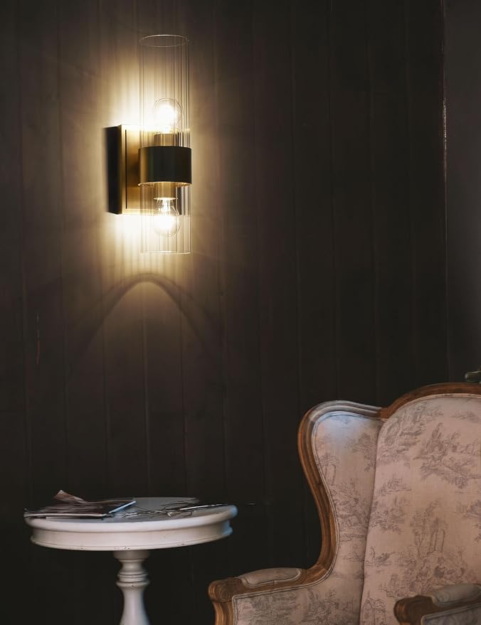 Gold Modern Bathroom Sconces Wall Lighting with Clear Ribbed Glass, Aged Brass 2-Light Bathroom Vanity Light Fixtures for Mirror Living Room Hallway Bedroom