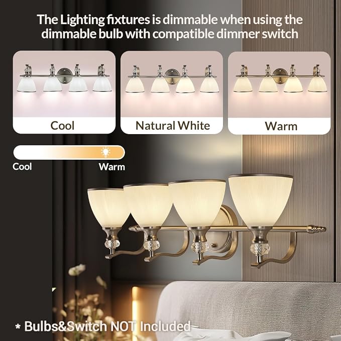 Bathroom Light Fixtures Over Mirror, 4-Light Brushed Nickel Vanity Lights for Bathroom, 27.8 Inch Vintage Wall Sconce with Milk White Bell Glass Shades, Rustproof Silver Finish, E26 Base