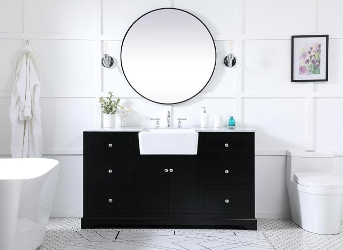 60" Pre-Assembled Bathroom Vanity with Sink, Solid Birch and MDF, Carrara White Marble Countertop Attached, Single Rectangle Porcelain Sink, 6 Soft-Close Drawers, Black